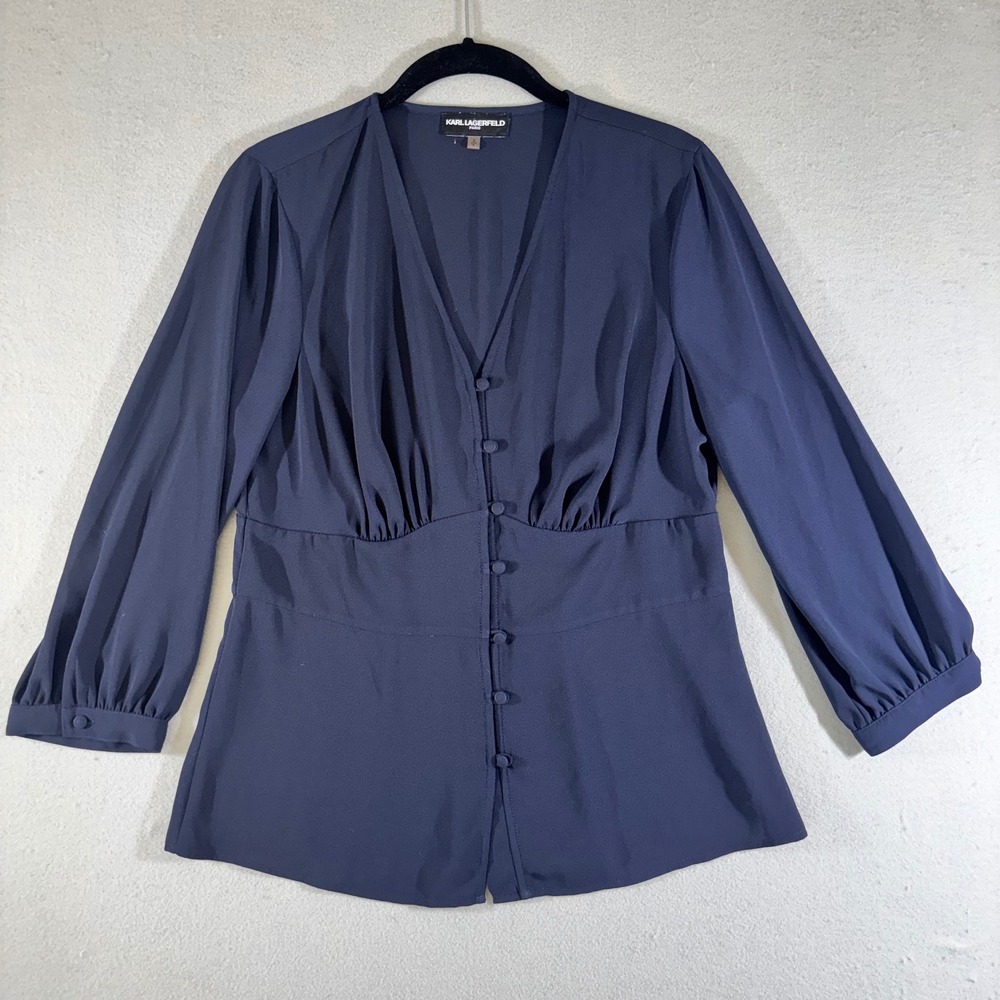 Karl Lagerfeld Paris Navy Blue V-Neck Button Front Cinched Waist Blouse Small